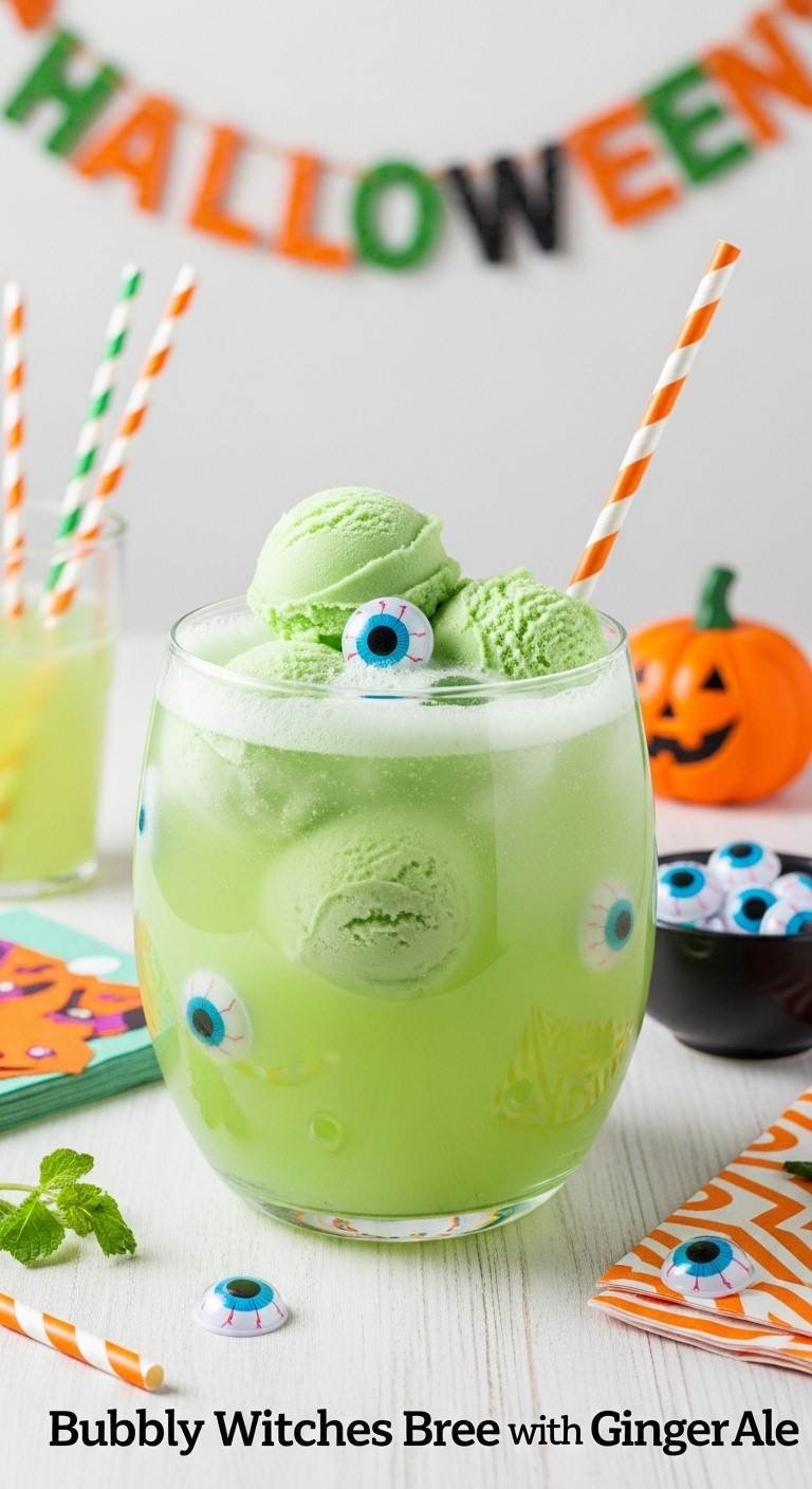 Bubbly Witches Brew Punch With Ginger Ale Lime Sherbet And Plastic Spooky Eyeballs In A Glass Bowl