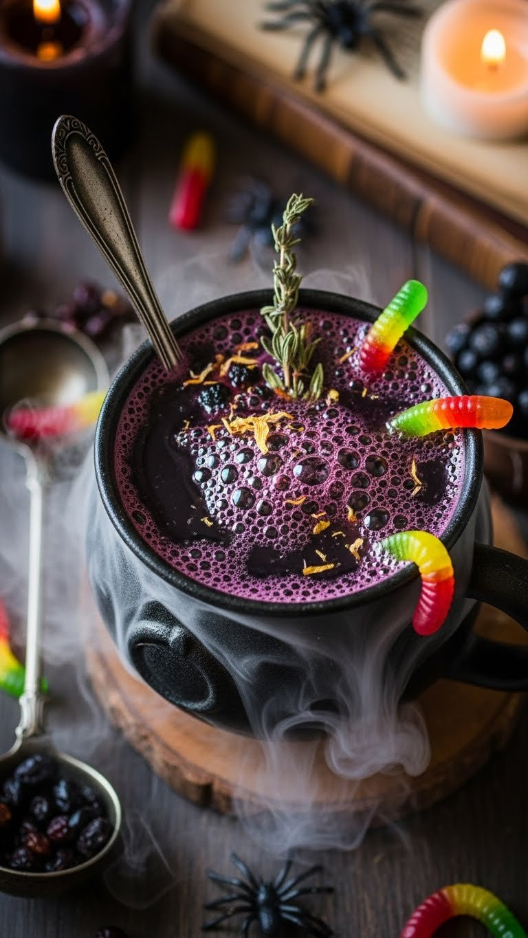 Bubbly Witch's Brew Mocktail In Rustic Cauldron With Dramatic Fog Effect And Gummy Worm Garnish.