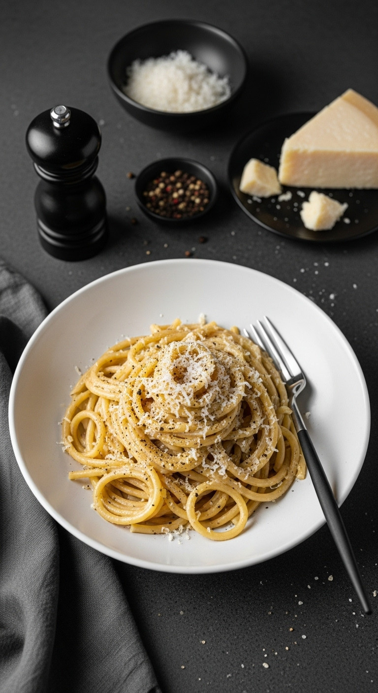 Bucatini Cacio E Pepe With Thick Pasta Creamy Sauce Black Pepper And Pecorino Romano Cheese In An Elegant Bowl