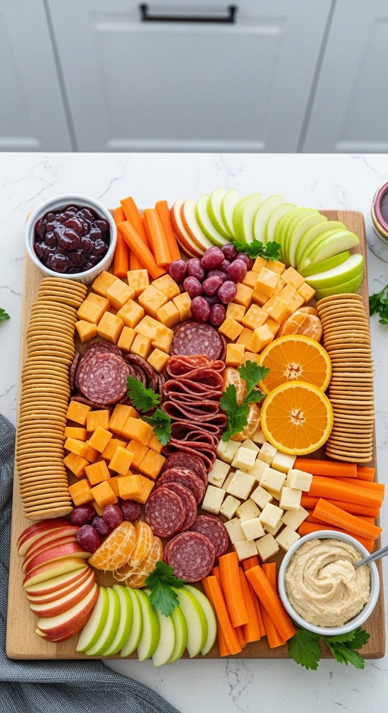 Budget-Friendly Christmas Charcuterie Board With Cheddar, Salami, Apple, Orange, Carrot Sticks, Crackers, And Hummus.
