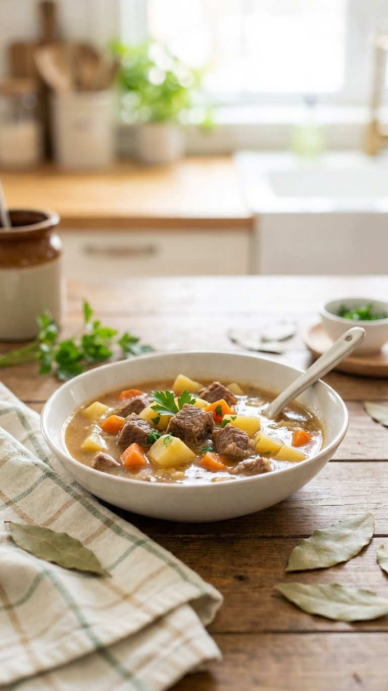Budget-Friendly Beef Stew With Tender Beef, Potatoes, Carrots In Light Broth. Homey Meal On Wood With Spoon, Towel, Bay Leaves. Comforting, Easy No-Sear Recipe.