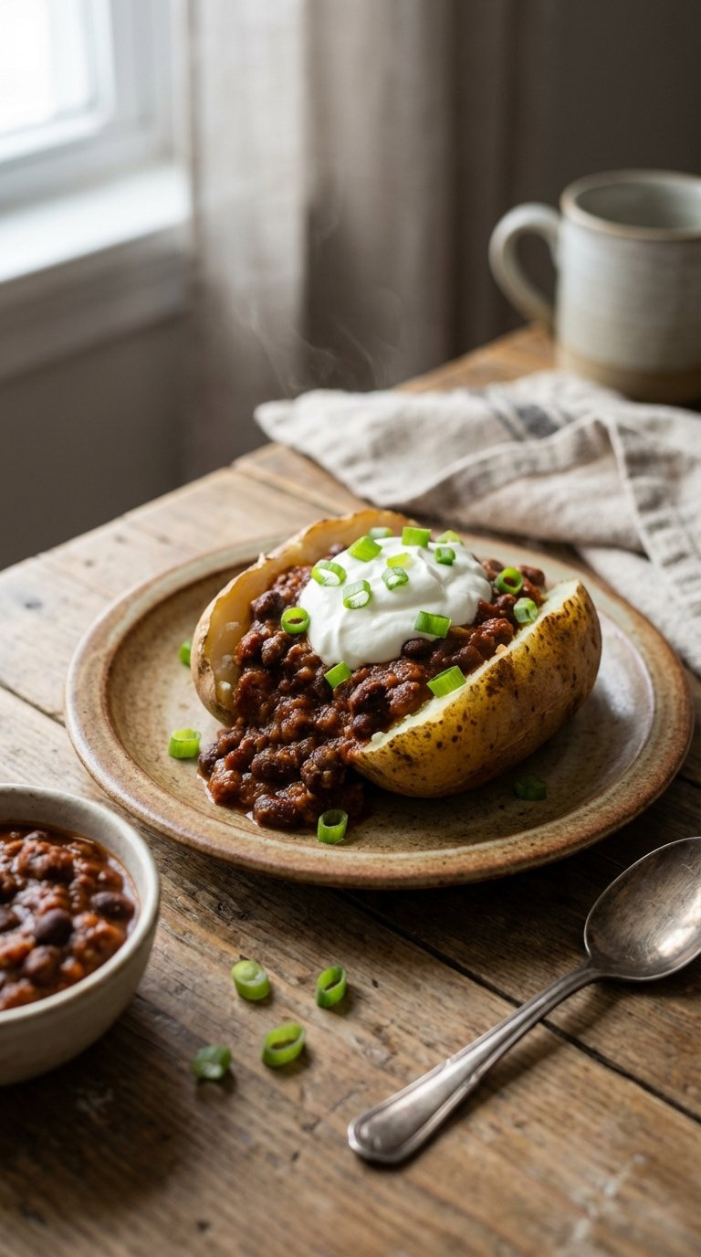 Budget-Friendly Chili And Greek Yogurt Baked Potato With Green Onions On Rustic Ceramic Plate