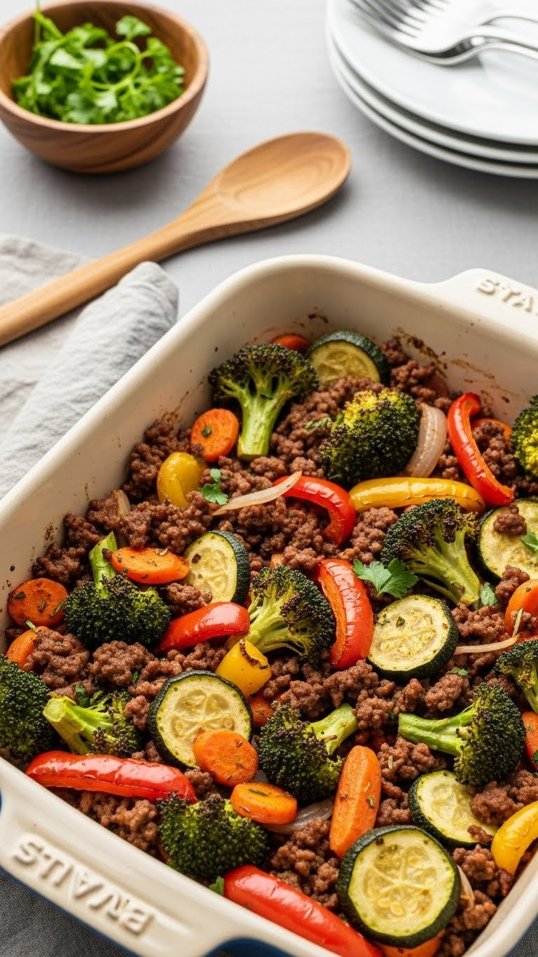 Budget-Friendly Ground Beef And Vegetable Bake With Colorful Roasted Vegetables In Rustic Ceramic Dish