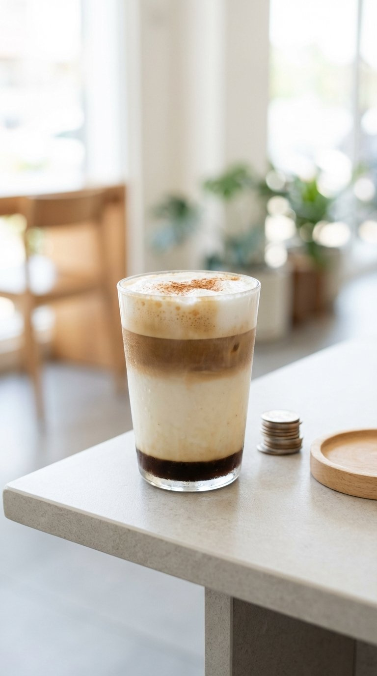 Budget-Friendly Iced Latte Hack Showing Layered Coffee, Milk, And Frothy Top In Clear Glass