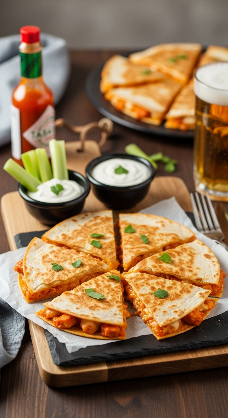Buffalo Chicken Quesadilla Wedges With Melted Cheese Oozing Out Served With Ranch Dressing And Celery Sticks On A Wooden Board
