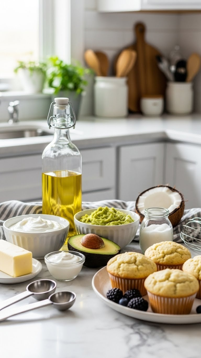 Butter, Greek Yogurt, Vegetable Oil, Avocado Mash, Coconut Oil, And Healthy Muffins On Marble Countertop