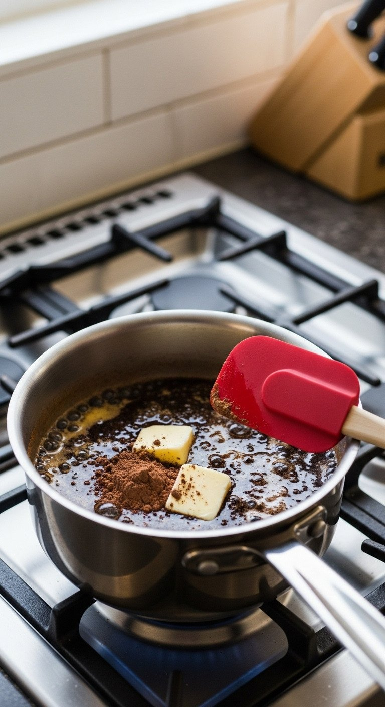 Butter, Sugar, Cocoa, Milk Melting In A Stainless Steel Saucepan On A Gas Stovetop. Glossy No-Bake Cookie Mixture With A Red Spatula.