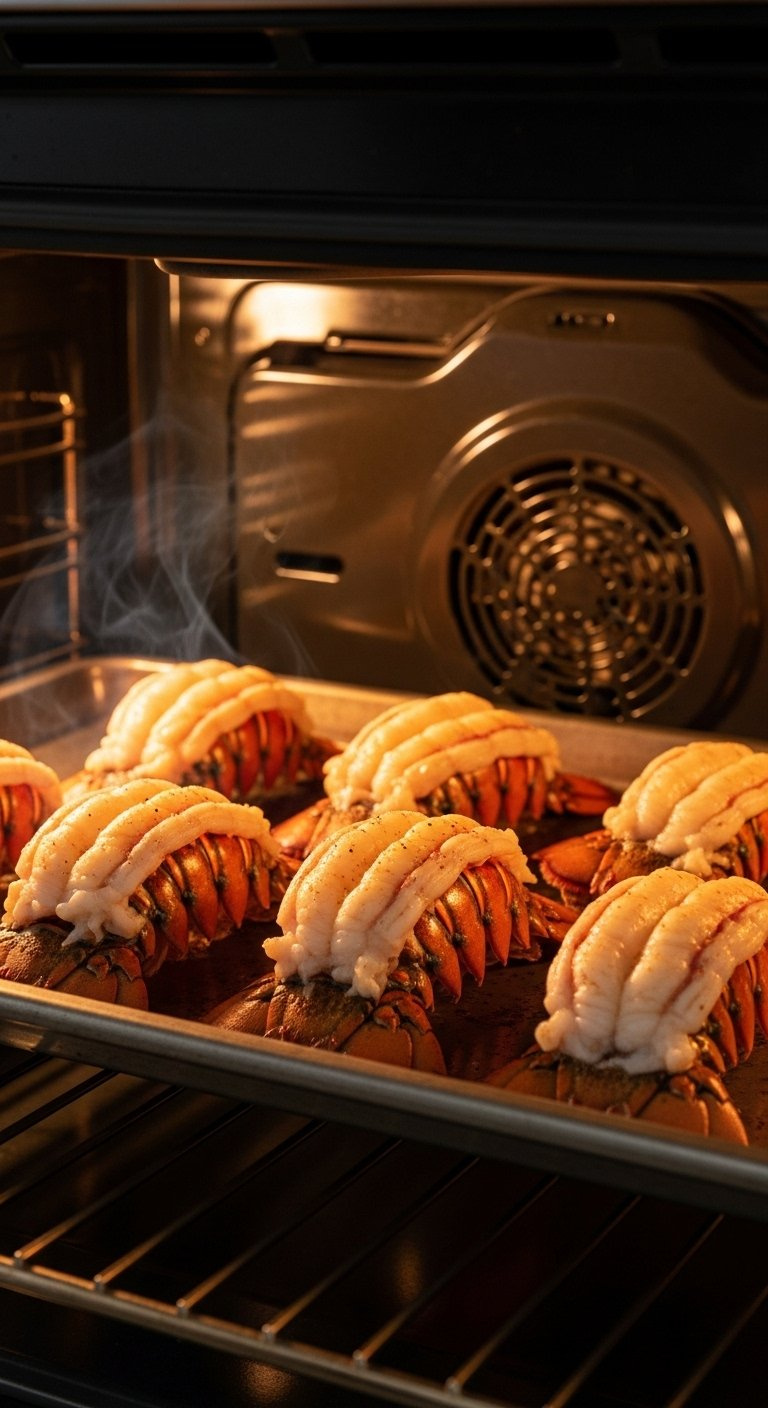 Butterflied Lobster Tails Baking Inside A Glowing Oven Turning Golden Brown On A Metal Sheet.