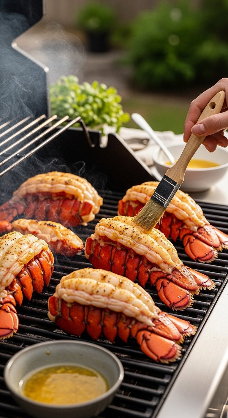 Butterflied Lobster Tails Sizzling On Hot Grill Grates, Basted With Garlic Lemon Butter Sauce By A Hand Holding A Brush.