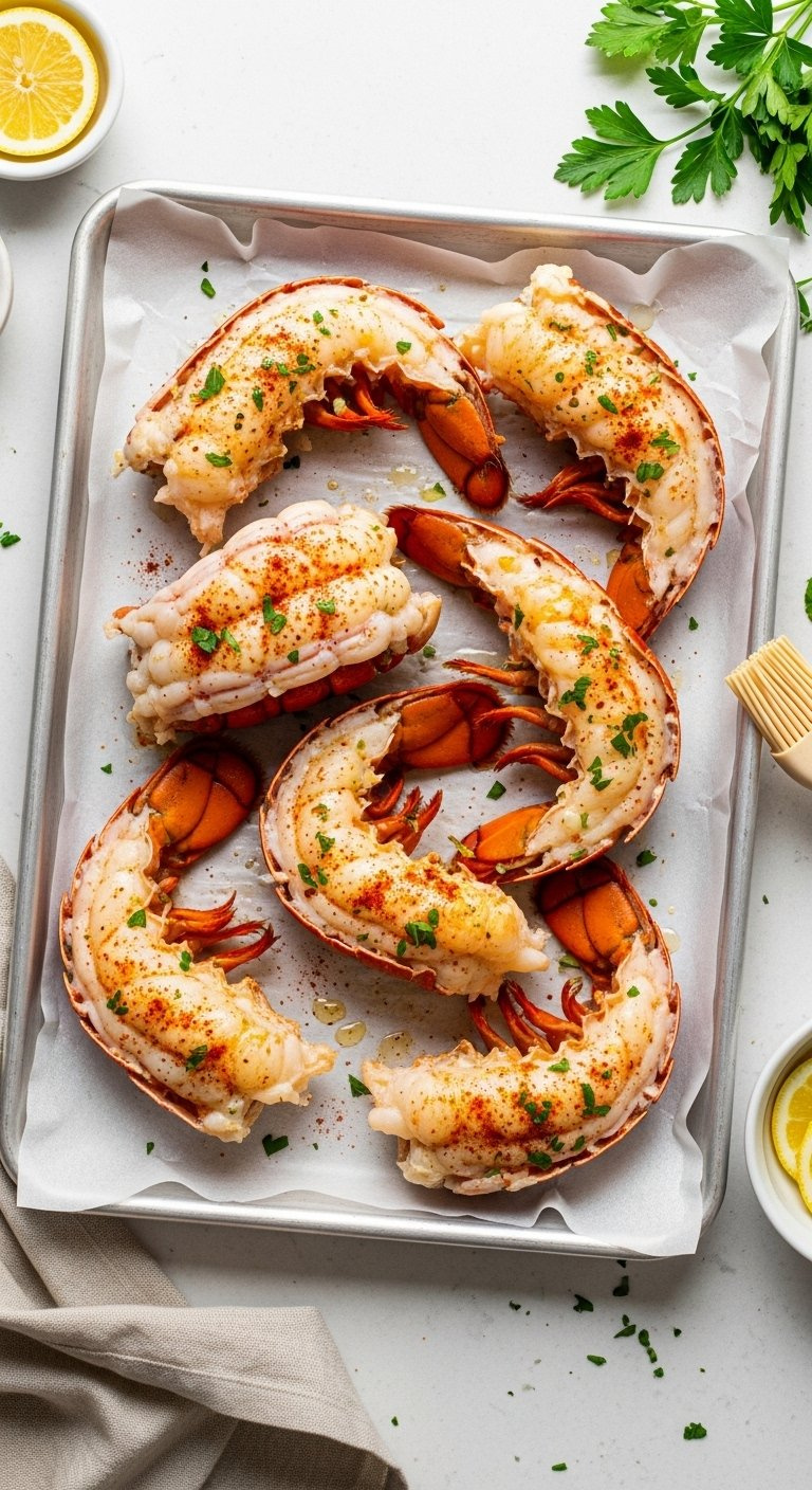 Butterflied Raw Lobster Tails On A Parchment-Lined Baking Sheet Brushed With Garlic Butter And Seasoning.