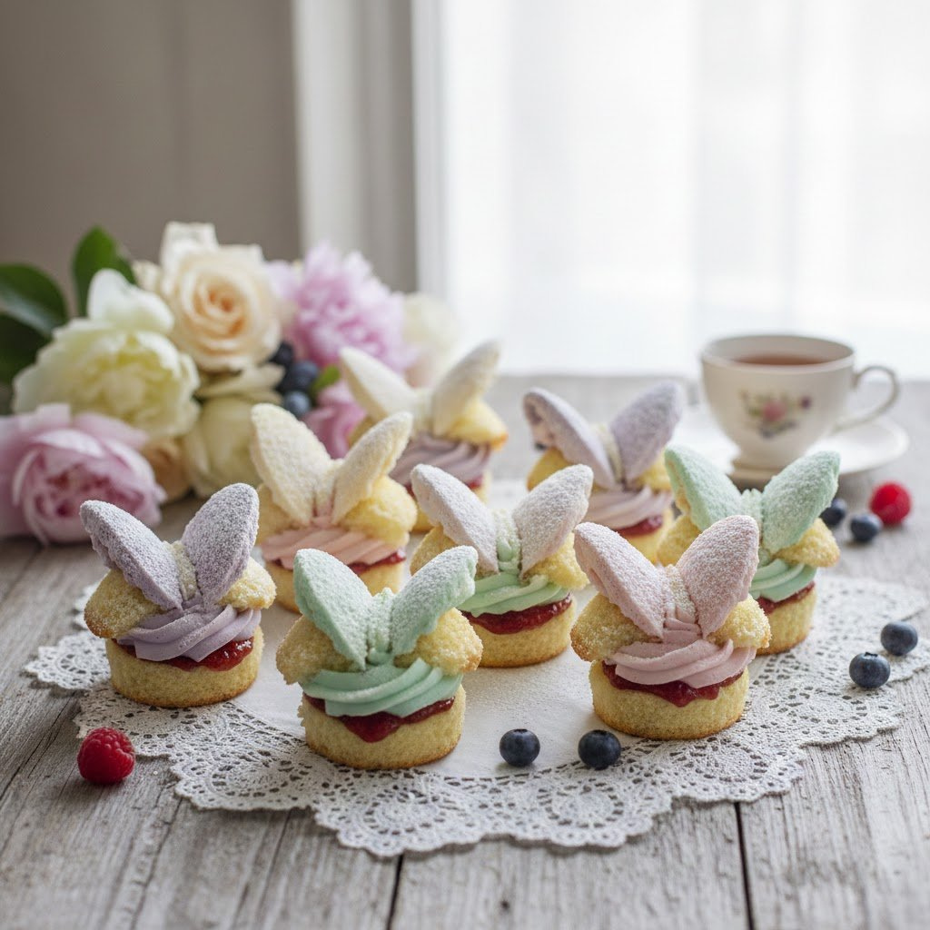 Butterfly Cakes With Halved Cupcake Wings Filled With Cream And Jam On Vintage Lace Doily.