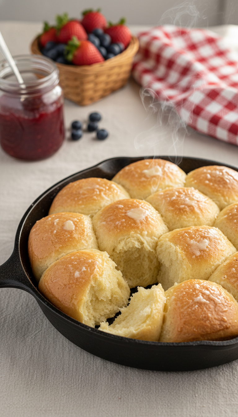 Buttery Christmas Morning Yeast Rolls In A Cast Iron Skillet, Brushed With Butter, Fluffy Crumb, Subtle Steam. Cozy Breakfast.