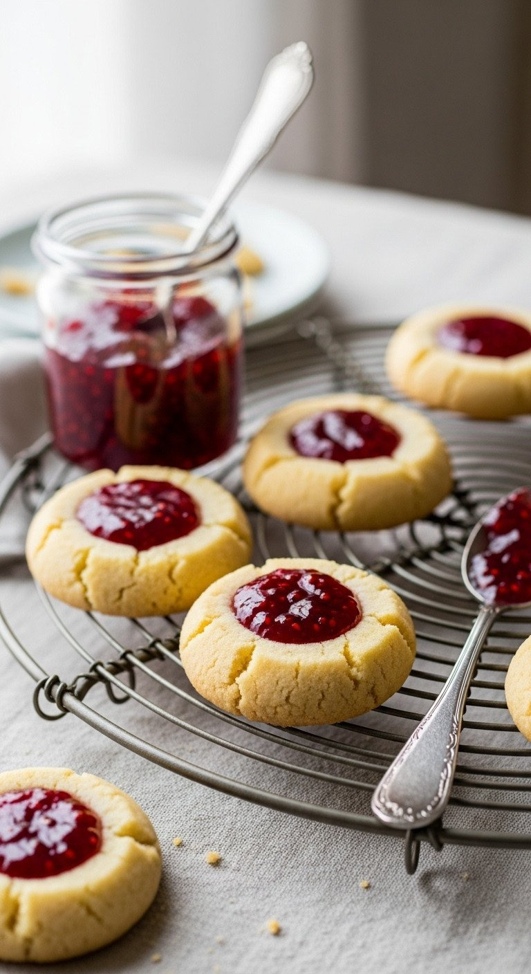 Buttery Jam Thumbprint Cookies With Glistening Red Raspberry Jam On A Vintage Wire Cooling Rack, Linen Tablecloth, Jam Jar.