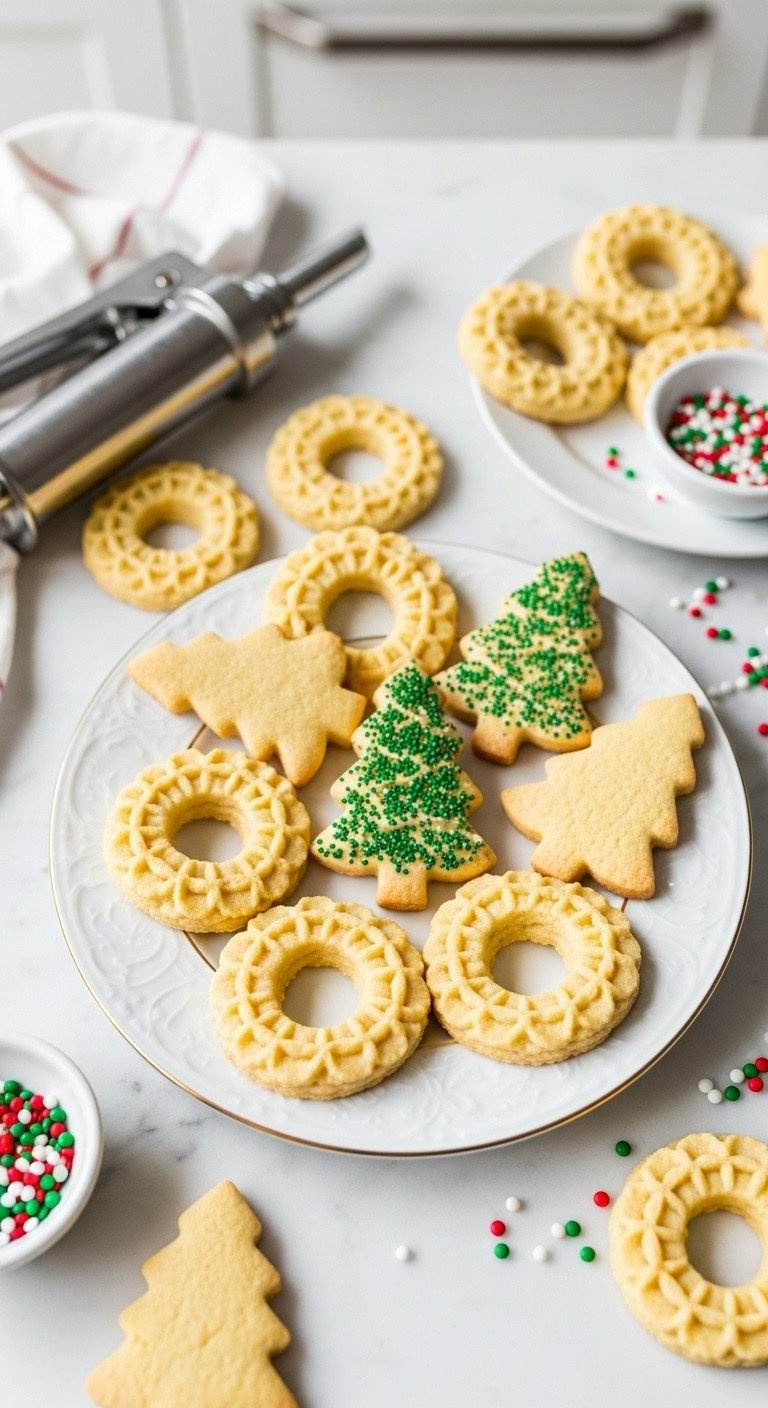 Buttery Spritz Cookies: Wreath &Amp; Tree Shapes With Red &Amp; Green Sprinkles On Vintage Plate, White Marble Countertop, Kitchen Setting.