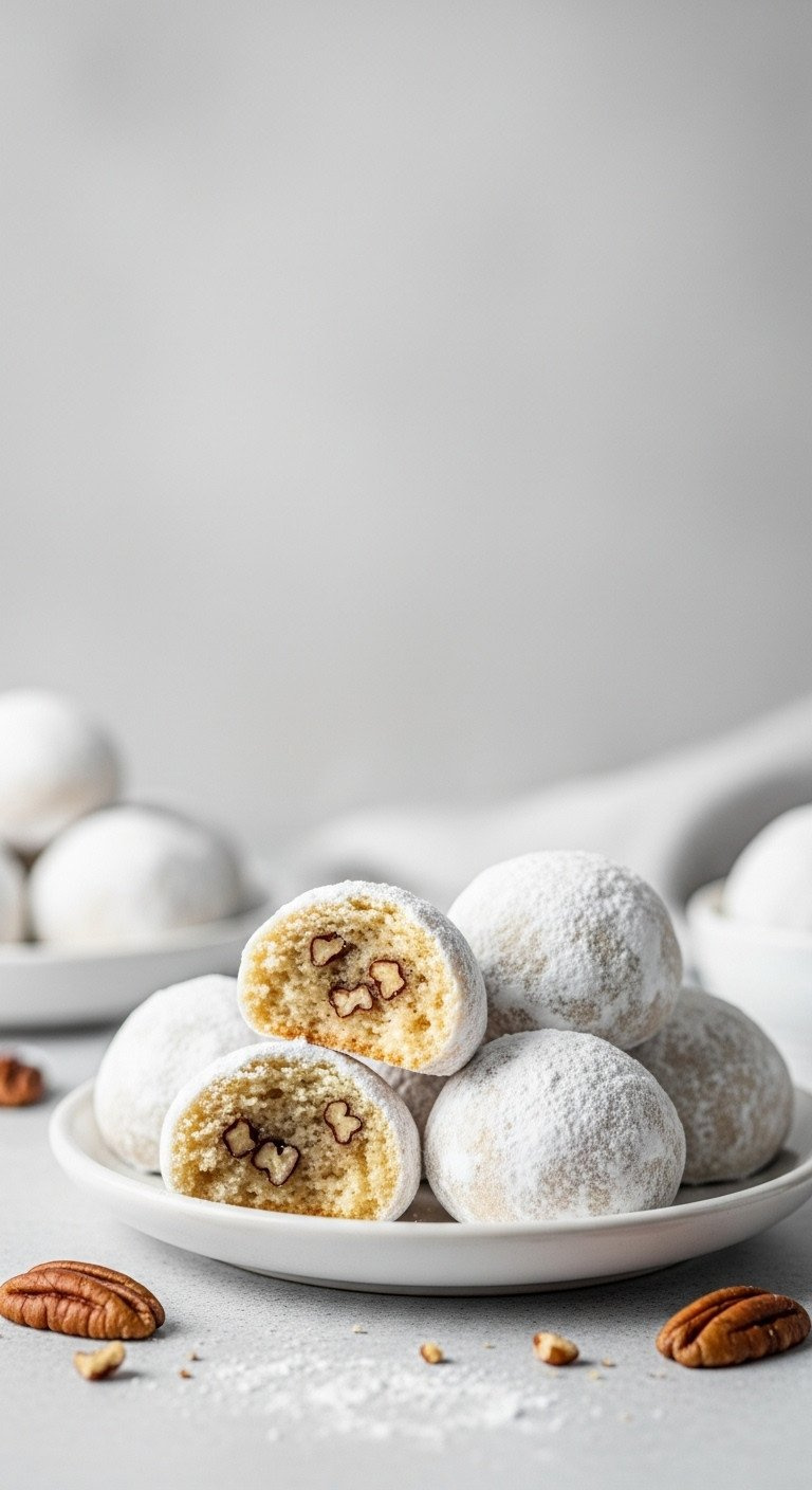 Buttery Gluten-Free Snowball Cookies Coated In Powdered Sugar, With One Broken To Show The Nutty Pecan Interior.