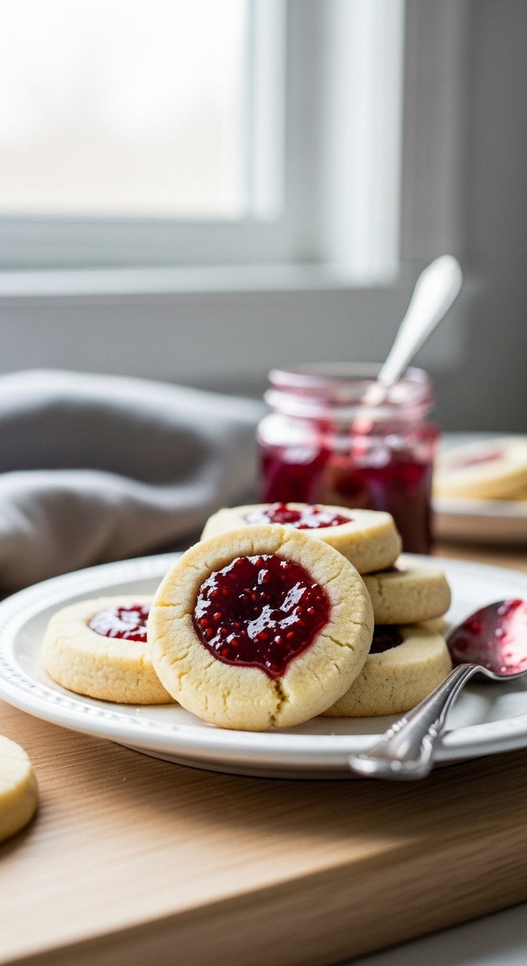 Buttery Gluten-Free Thumbprint Cookies Filled With Glistening Raspberry Jam On A White Plate In Soft Window Light.