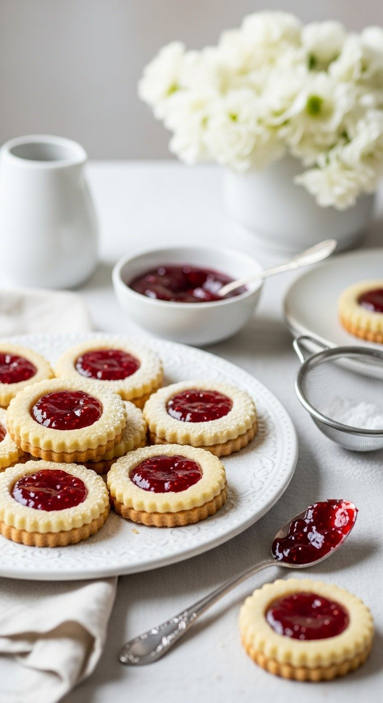 Buttery Thumbprint Cookies With Glistening Raspberry Jam Centers, Dusted With Powdered Sugar And Arranged On A White Platter.