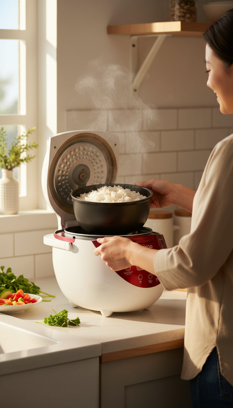 A Cuckoo 6 Cup Micom Rice Cooker On A Kitchen Counter Next To Bags Of Jasmine And Brown Rice.