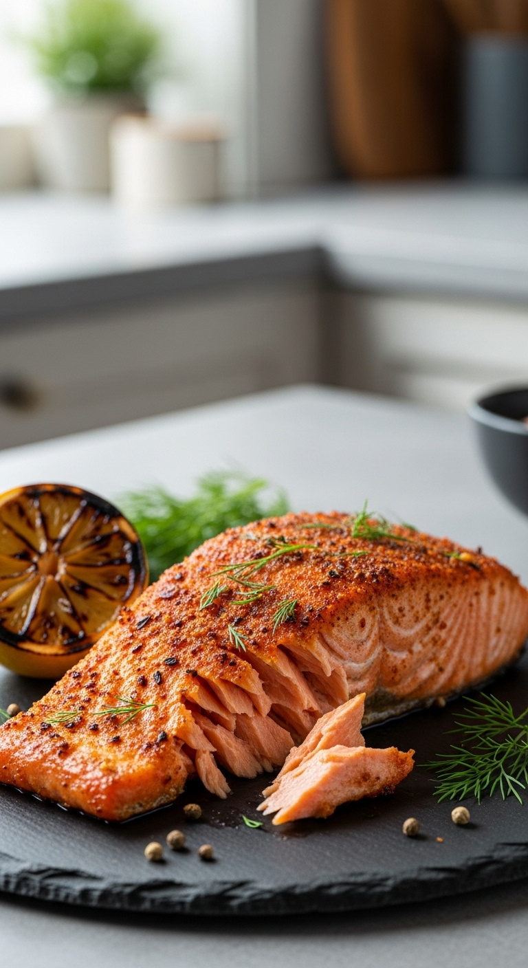 Cajun Spiced Air Fried Salmon Fillet With Lemon And Dill On A Dark Slate Plate In A Kitchen Setting