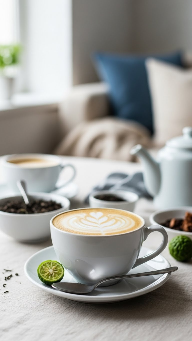 Calming London Fog Latte In Ceramic Teacup On White Saucer With Linen Tablecloth In Serene Natural Light