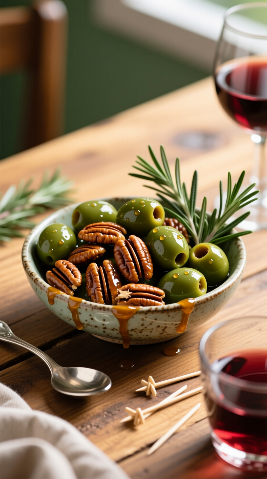 Candied Pecans And Marinated Rosemary Olives, Sweet And Savory Snack Mix, With Wine And Cocktail Picks.