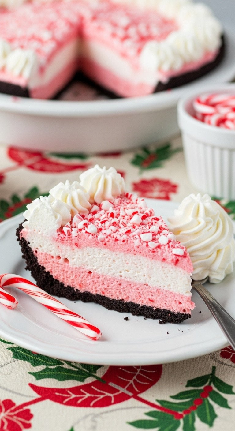 Candy Cane Pie: Chocolate Crust, Pink Peppermint Filling, Whipped Cream, Crushed Candy Canes. Delicious.