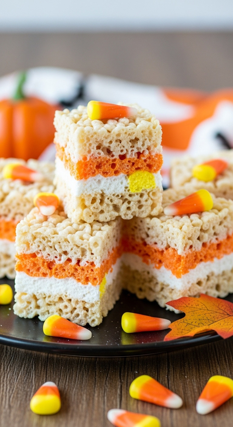Candy Corn Krispie Treats: Layered White, Orange, Yellow Rice Krispies On A Festive Platter. Chewy Halloween Marshmallow Dessert.