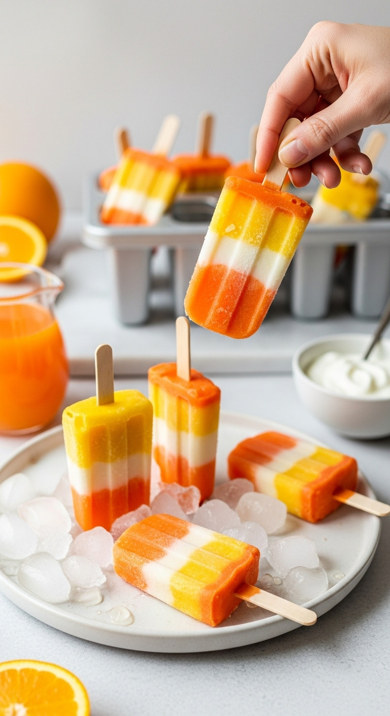 Candy Corn Popsicles With Distinct Yellow Orange And White Layers On Crushed Ice