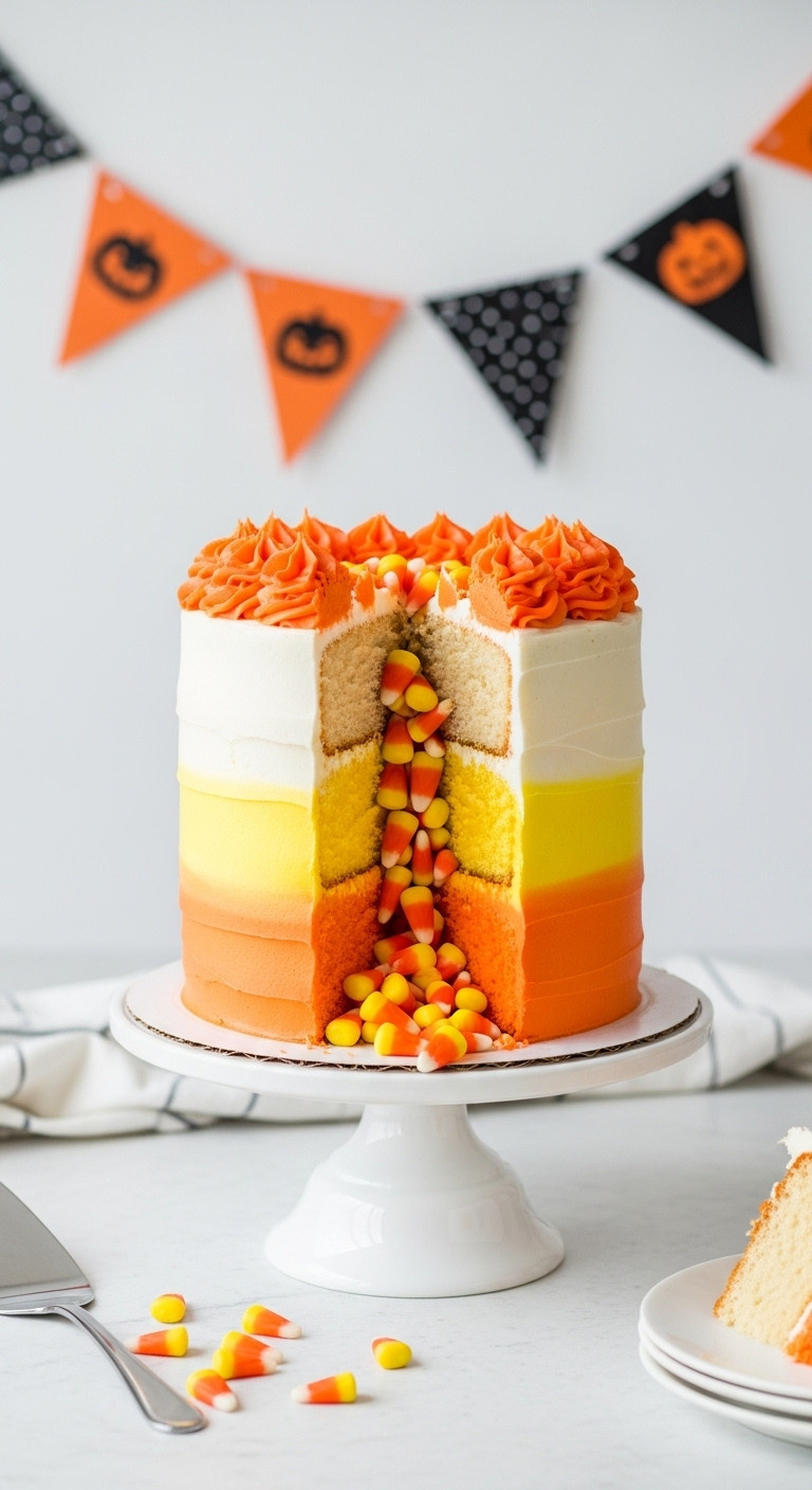 Candy Corn Surprise-Inside Cake With Ombre Frosting And Candy Corn Spilling Out Of A Slice On A White Cake Stand