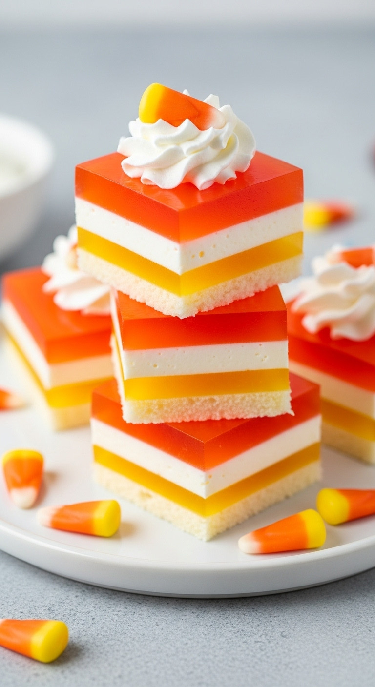 Candy Corn Layered Jello Squares With Distinct Orange Yellow White Layers On A White Ceramic Plate Perfect For Spooky Recipes
