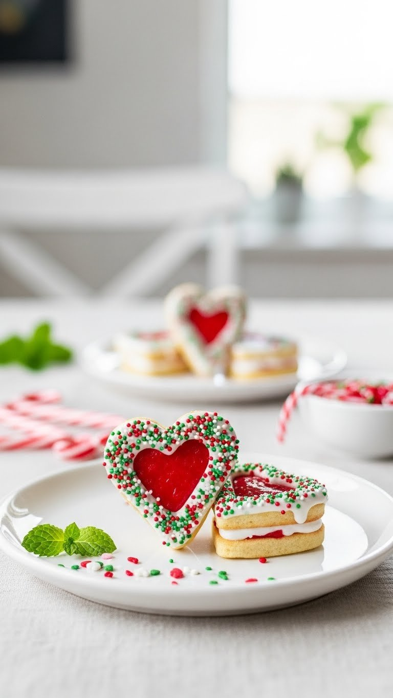 Candy Cane Hearts Filled With White Chocolate And Festive Sprinkles Arranged Delicately On A White Ceramic Plate