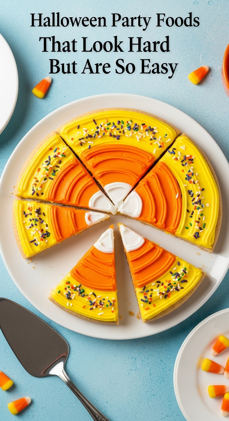 Candy Corn Cookie Pizza With Yellow Orange And White Frosting Topped With Halloween Sprinkles On A White Plate