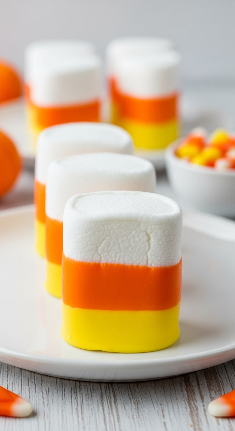 Candy Corn Dipped Marshmallows: Yellow, Orange, White Layers On A White Ceramic Plate. Festive Halloween Treat Recipe.