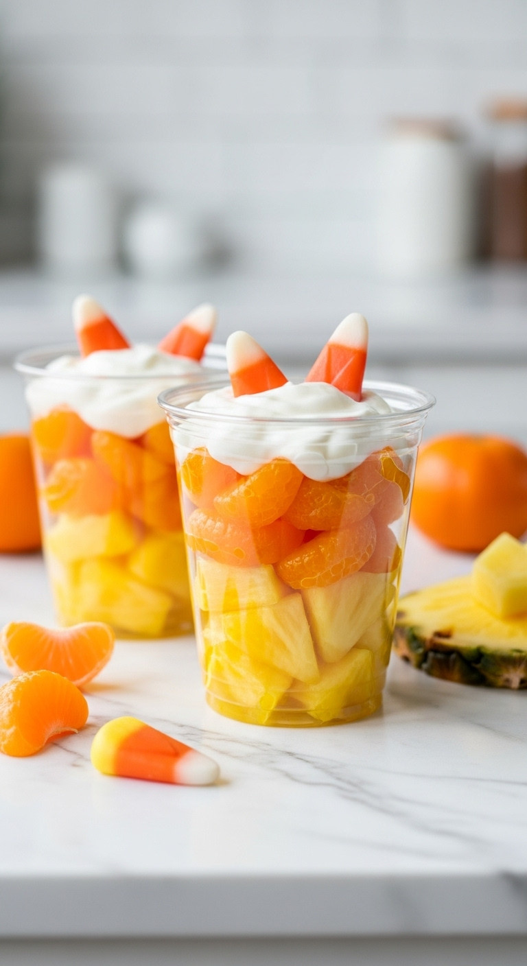 Candy Corn Fruit Cups With Pineapple Mandarin Oranges And Greek Yogurt On A White Marble Countertop For Healthy Halloween Toddler Treats