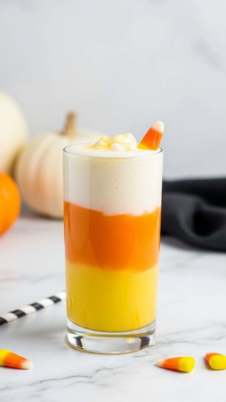 Candy Corn Layered Drink With Yellow, Orange, And White Layers Topped With Candy Corn Garnish.