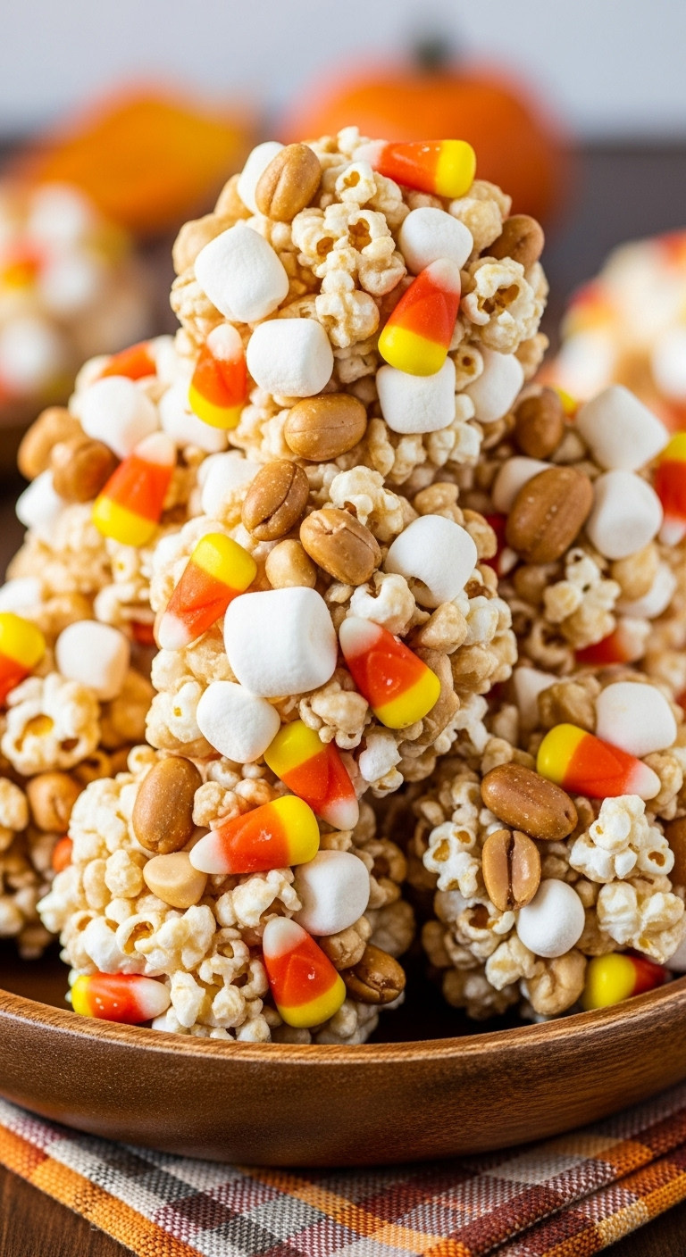 Candy Corn Popcorn Balls With Marshmallows Candy Corn And Roasted Peanuts In A Rustic Bowl On A Plaid Napkin