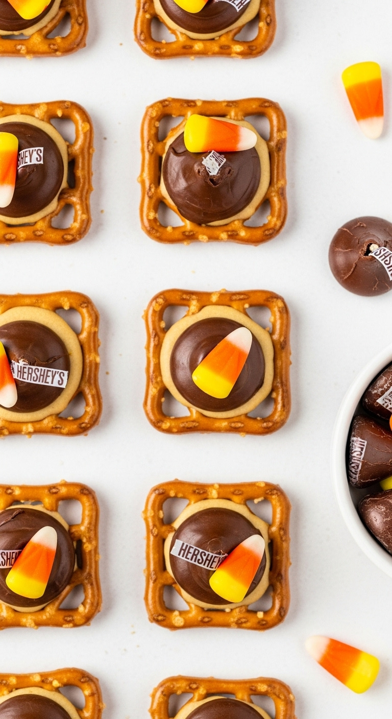 Candy Corn Pretzel Hugs With Melted Hershey's Kisses On Square Grid Pretzels On A Clean White Background