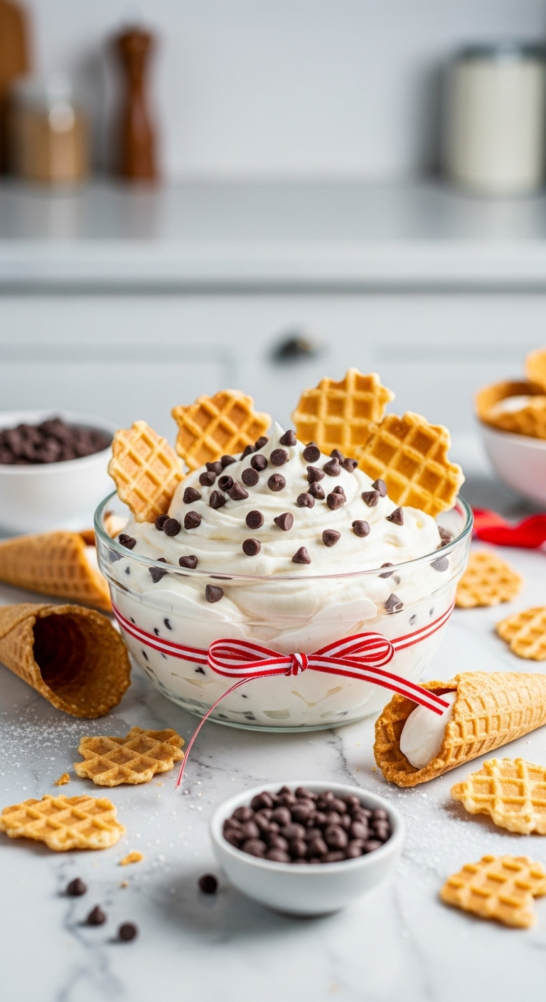 Cannoli Dip With Mini Chocolate Chips Served With Broken Waffle Cones And Pizzelle Cookies