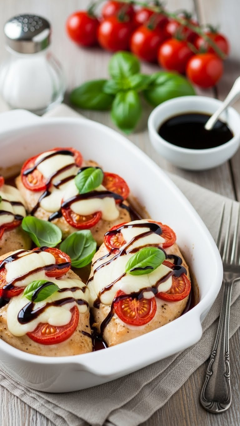 Caprese Baked Chicken Breasts With Mozzarella, Tomatoes And Basil In White Ceramic Baking Dish