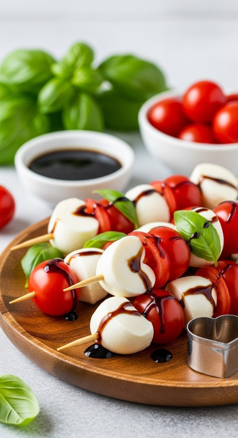 Caprese Heart Skewers With Red Cherry Tomatoes, Heart-Shaped Mozzarella, And Balsamic Glaze, Fresh Basil Appetizer.