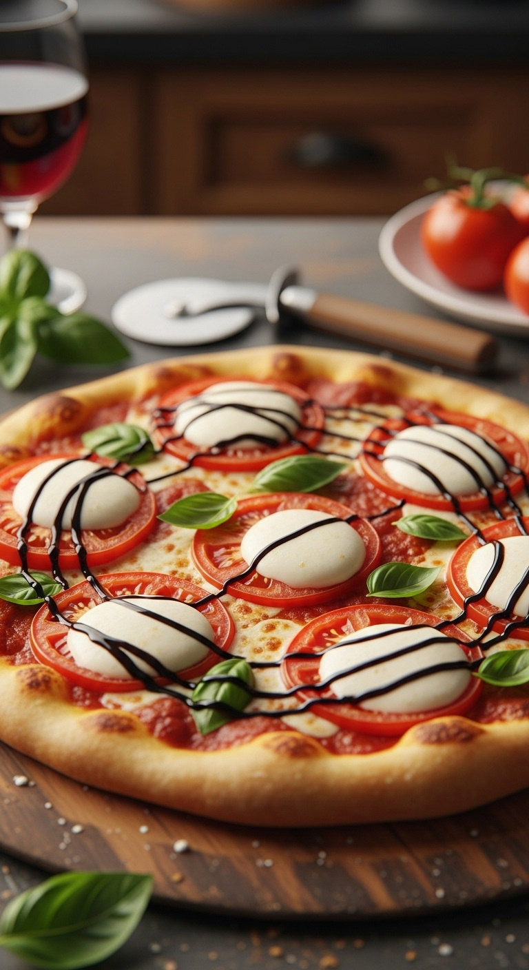 Caprese Pizza With Balsamic Glaze Melted Mozzarella Heirloom Tomatoes Basil On Rustic Cutting Board With Pizza Cutter And Red Wine
