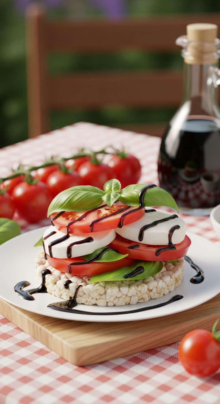 Caprese Rice Cake With Tomato Mozzarella Basil And Balsamic Glaze On A Wooden Cutting Board With Cherry Tomatoes And Vinegar