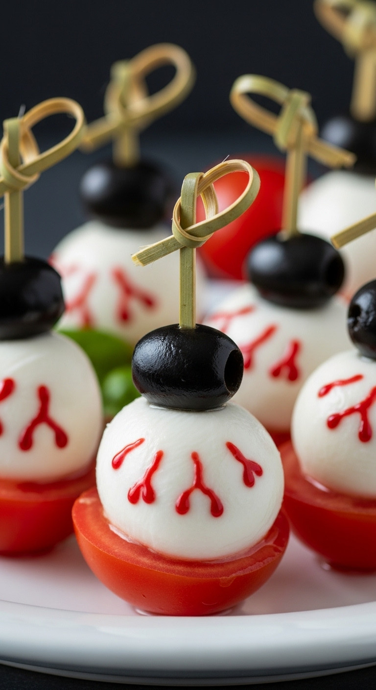 Caprese Skewers With Bocconcini Mozzarella And Black Olive Slice Forming An Eyeball, Fresh Basil, Creepy Halloween Appetizer.