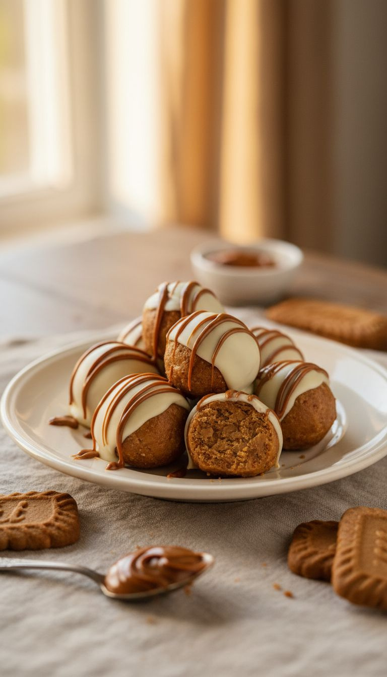 Caramel Biscoff Cookie Butter Truffles, White Chocolate Dipped, With Biscoff Drizzle. Vintage Plate, Speculoos Cookies. Gourmet Dessert.