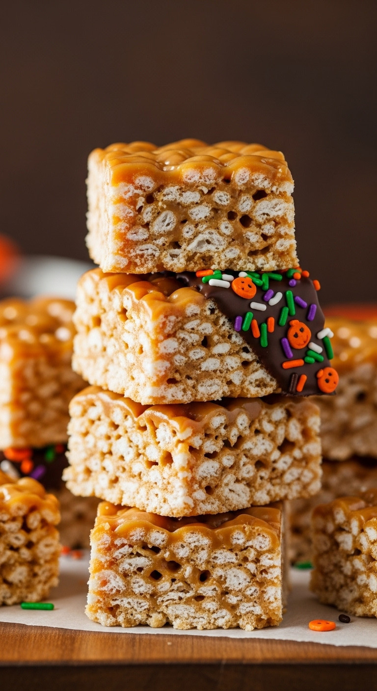 Caramel Rice Krispie Treats With Chocolate Dip And Halloween Sprinkles On A Rustic Board