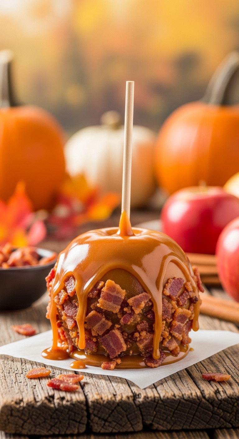 Caramel Apple Coated With Crispy Bacon Bits On A Wooden Plank With A Blurred Autumn Background