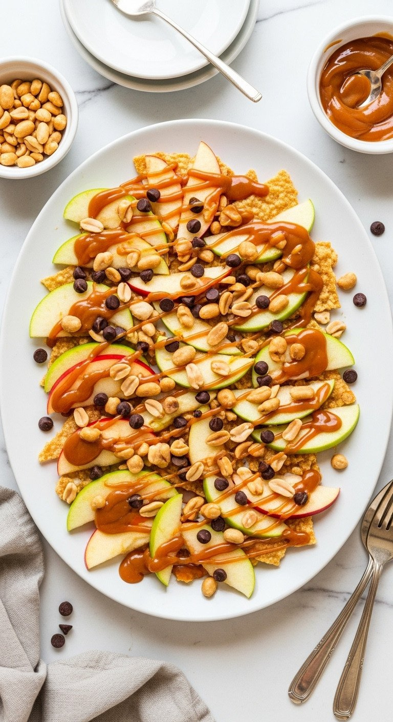 Caramel Apple Nachos On A White Platter; Thin Green &Amp; Red Apple Slices, Rich Caramel Sauce, Chopped Peanuts, Chocolate Chips. Fun, Easy Dessert.