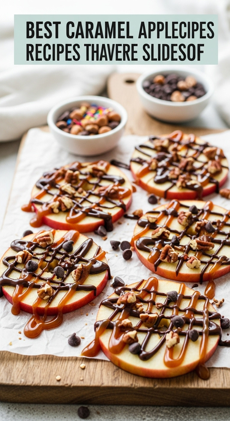 Caramel Apple Slices Topped With Melted Chocolate And Crushed Pecans On A Wooden Cutting Board