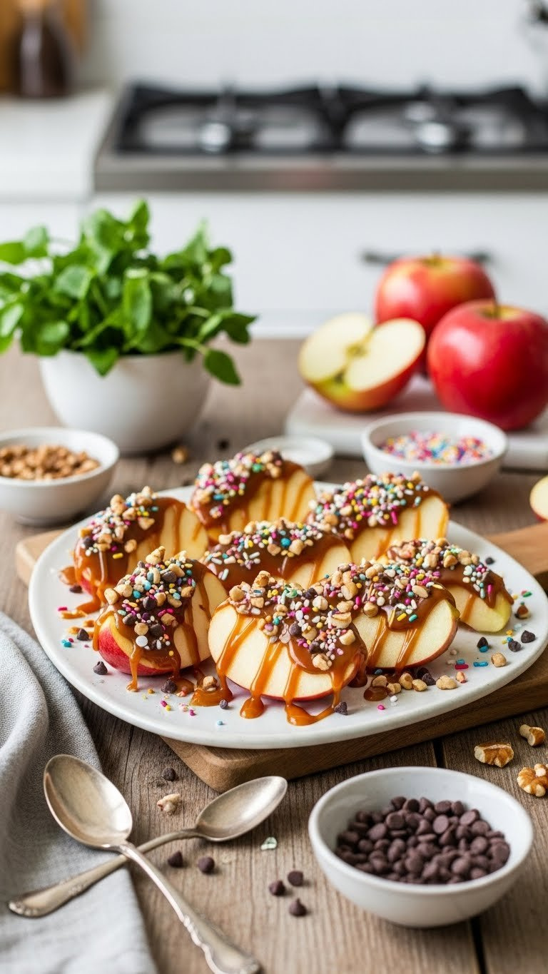 Caramel Apple Slices With Colorful Toppings Arranged In Top-Down Flat Lay Composition On Rustic Wooden Background