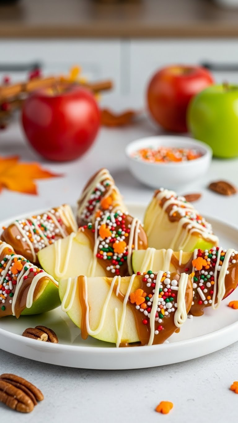 Caramel-Coated Apple Slices With Festive Sprinkles And White Chocolate Drizzle On White Ceramic Plate